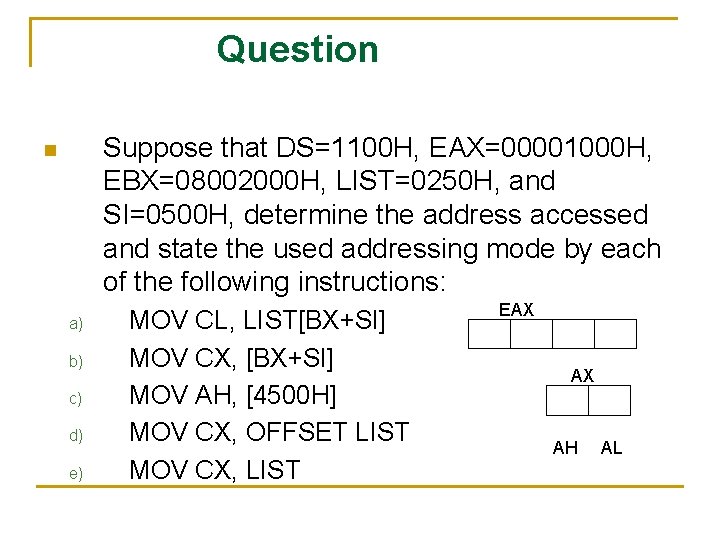 Question Suppose that DS=1100 H, EAX=00001000 H, EBX=08002000 H, LIST=0250 H, and SI=0500 H,