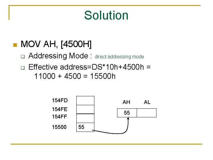 Solution n MOV AH, [4500 H] q q Addressing Mode : direct addressing mode