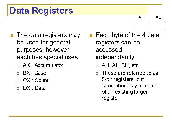 Data Registers AH AL n The data registers may be used for general purposes,