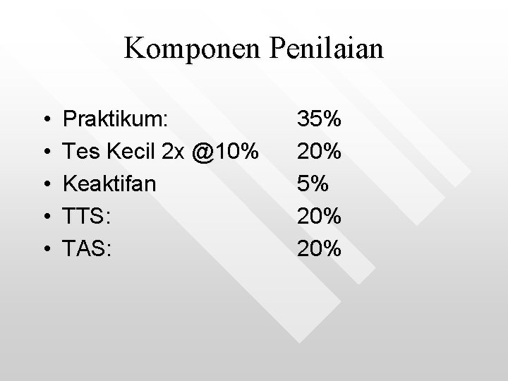 Komponen Penilaian • • • Praktikum: Tes Kecil 2 x @10% Keaktifan TTS: TAS: