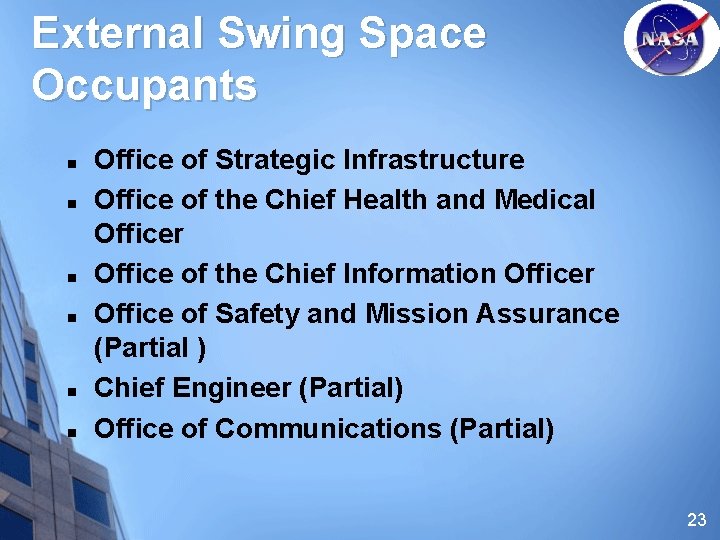 External Swing Space Occupants n n n Office of Strategic Infrastructure Office of the