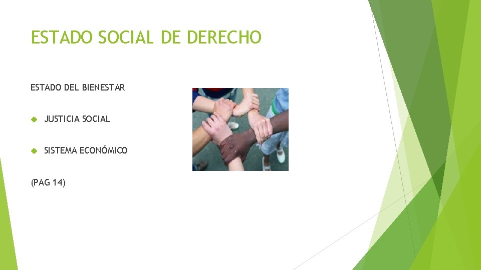 ESTADO SOCIAL DE DERECHO ESTADO DEL BIENESTAR JUSTICIA SOCIAL SISTEMA ECONÓMICO (PAG 14) 