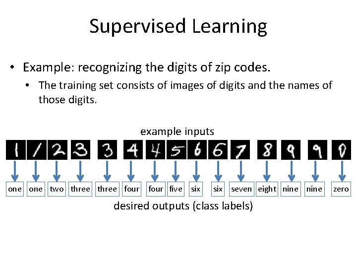 Supervised Learning • Example: recognizing the digits of zip codes. • The training set