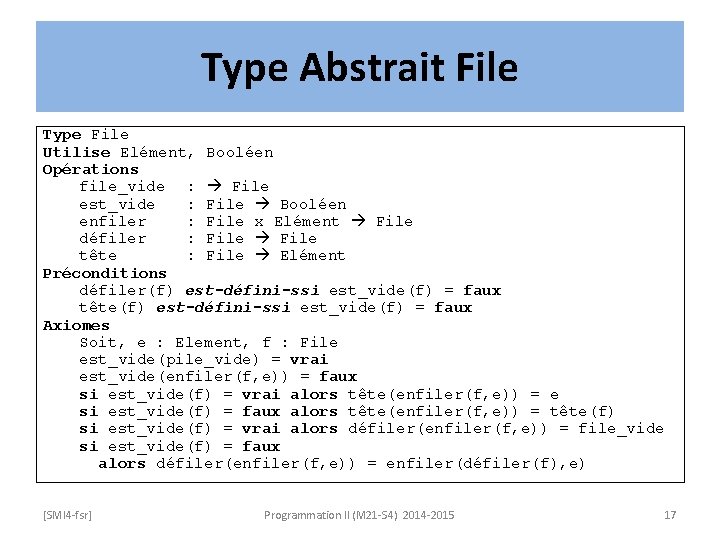 Type Abstrait File Type File Utilise Elément, Booléen Opérations file_vide : File est_vide :
