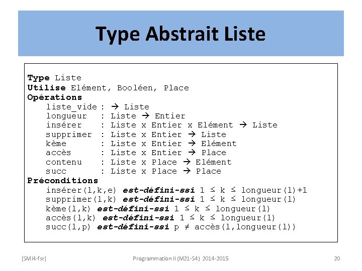 Type Abstrait Liste Type Liste Utilise Elément, Booléen, Place Opérations liste_vide longueur insérer supprimer
