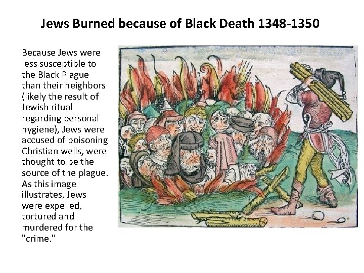 Jews Burned because of Black Death 1348 -1350 Because Jews were less susceptible to