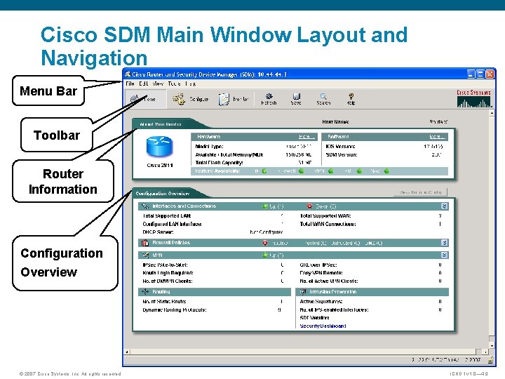 Cisco SDM Main Window Layout and Navigation Menu Bar Toolbar Router Information Configuration Overview