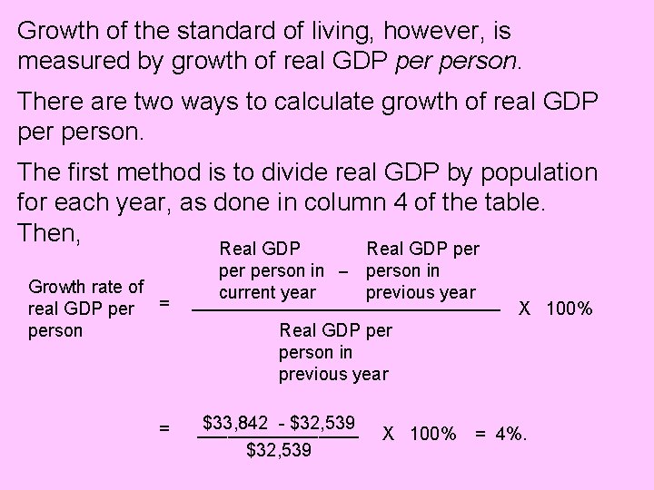Growth of the standard of living, however, is measured by growth of real GDP