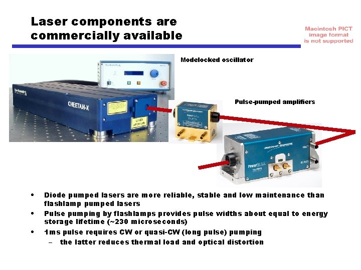 Laser components are commercially available Modelocked oscillator Pulse-pumped amplifiers • • • Diode pumped