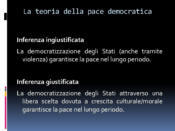 La teoria della pace democratica Inferenza ingiustificata La democratizzazione degli Stati (anche tramite violenza) La teoria della pace democratica Inferenza ingiustificata La democratizzazione degli Stati (anche tramite violenza)