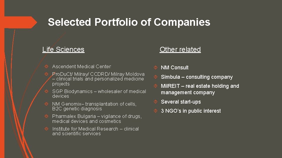 Selected Portfolio of Companies Life Sciences Other related Ascendent Medical Center NM Consult Pro.