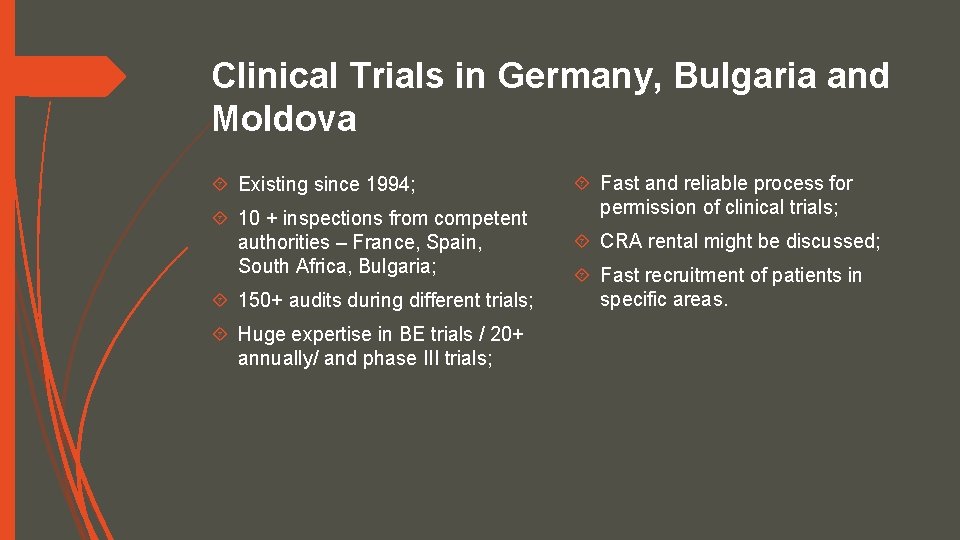 Clinical Trials in Germany, Bulgaria and Moldova Existing since 1994; 10 + inspections from