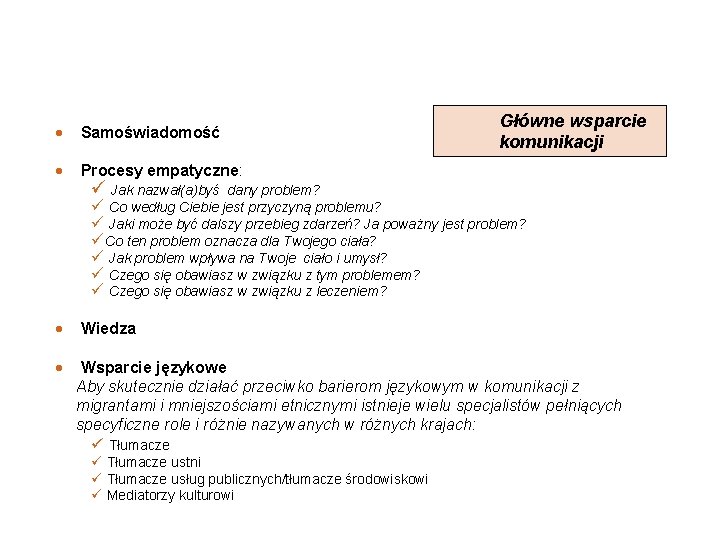  Samoświadomość Główne wsparcie komunikacji Procesy empatyczne: ü Jak nazwał(a)byś dany problem? ü Co