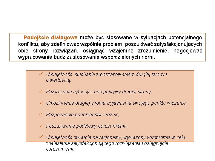  Podejście dialogowe może być stosowane w sytuacjach potencjalnego konfliktu, aby zdefiniować wspólnie problem,