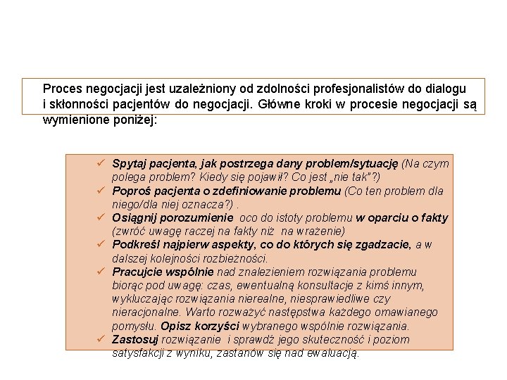 Proces negocjacji jest uzależniony od zdolności profesjonalistów do dialogu i skłonności pacjentów do negocjacji.