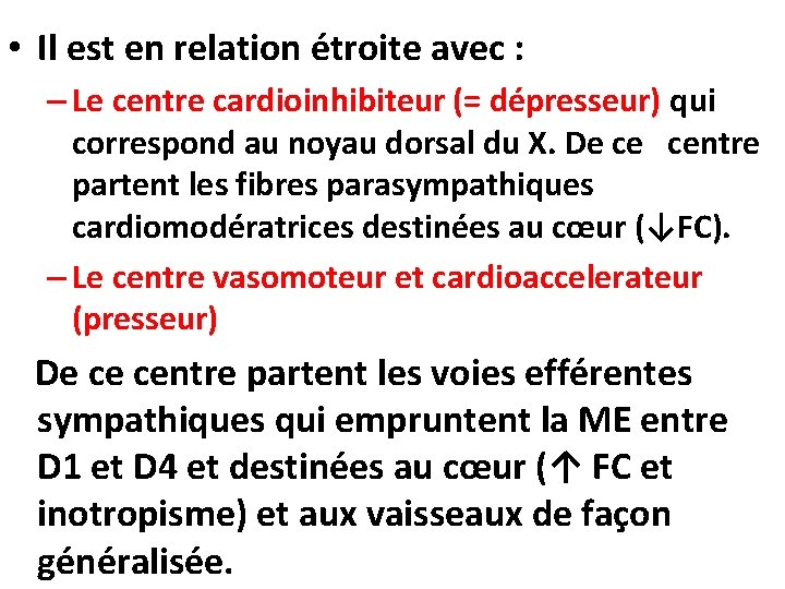  • Il est en relation étroite avec : – Le centre cardioinhibiteur (=