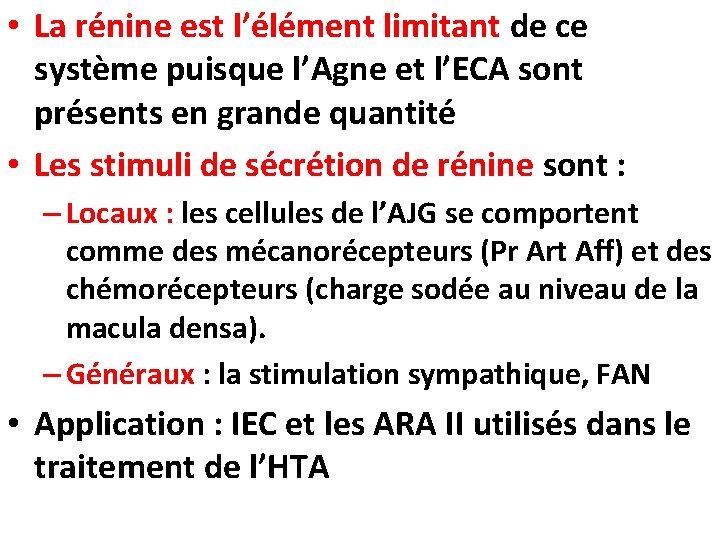  • La rénine est l’élément limitant de ce système puisque l’Agne et l’ECA