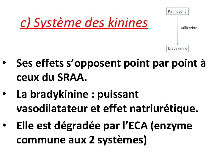 c) Système des kinines • Ses effets s’opposent point par point à ceux du