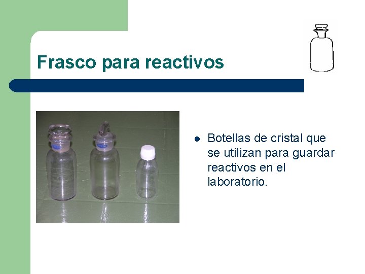 Frasco para reactivos l Botellas de cristal que se utilizan para guardar reactivos en