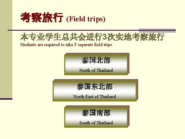 考察旅行 (Field trips) 本专业学生总共会进行3次实地考察旅行 Students are required to take 3 separate field trips 泰国北部