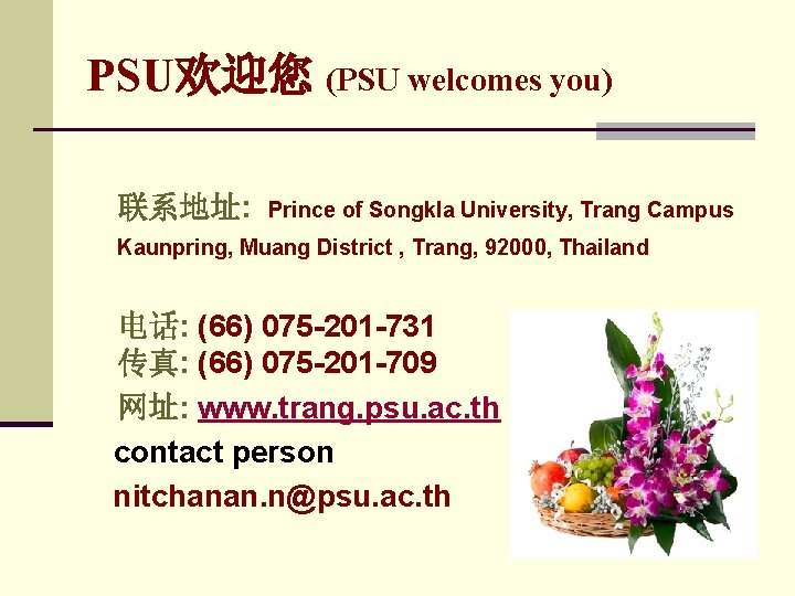 PSU欢迎您 (PSU welcomes you) 联系地址: Prince of Songkla University, Trang Campus Kaunpring, Muang District