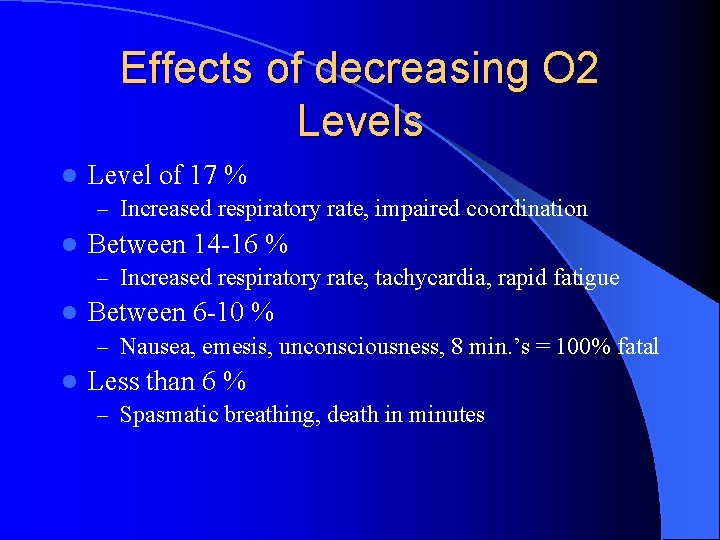 Effects of decreasing O 2 Levels l Level of 17 % – Increased respiratory