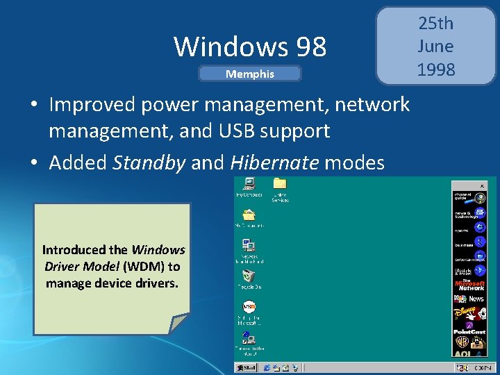 Windows 98 Memphis • Improved power management, network management, and USB support • Added