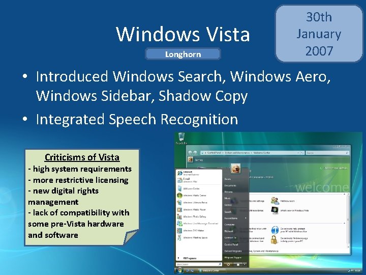 Windows Vista Longhorn 30 th January 2007 • Introduced Windows Search, Windows Aero, Windows Windows Vista Longhorn 30 th January 2007 • Introduced Windows Search, Windows Aero, Windows