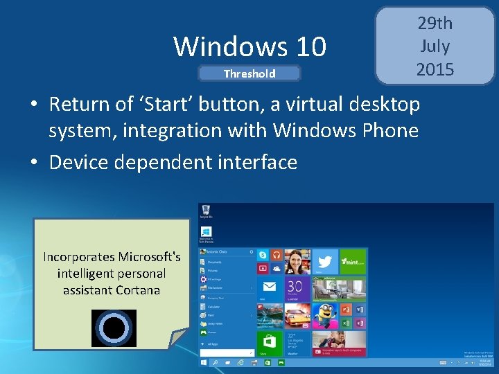 Windows 10 Threshold 29 th July 2015 • Return of ‘Start’ button, a virtual