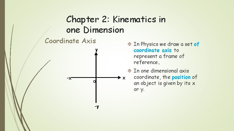 Chapter 2: Kinematics in one Dimension Coordinate Axis y -x o -y In Physics