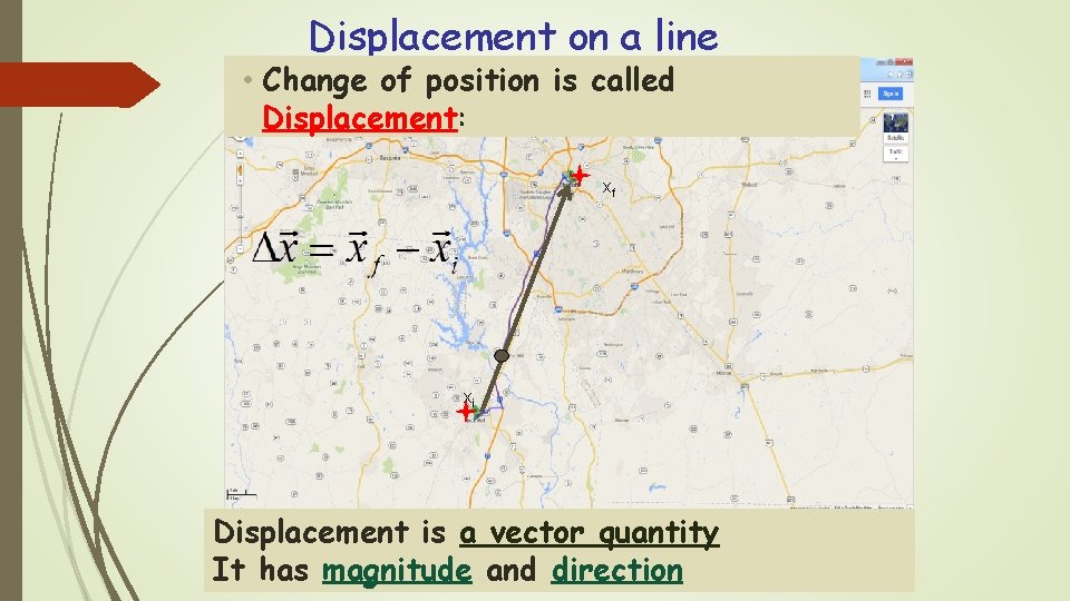 Displacement on a line • Change of position is called Displacement: xf xi Displacement