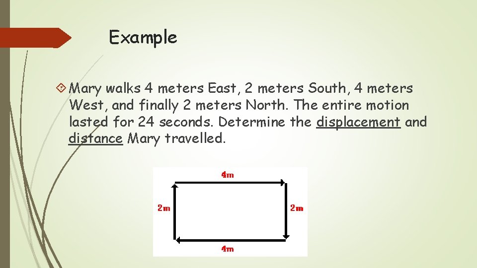 Example Mary walks 4 meters East, 2 meters South, 4 meters West, and finally