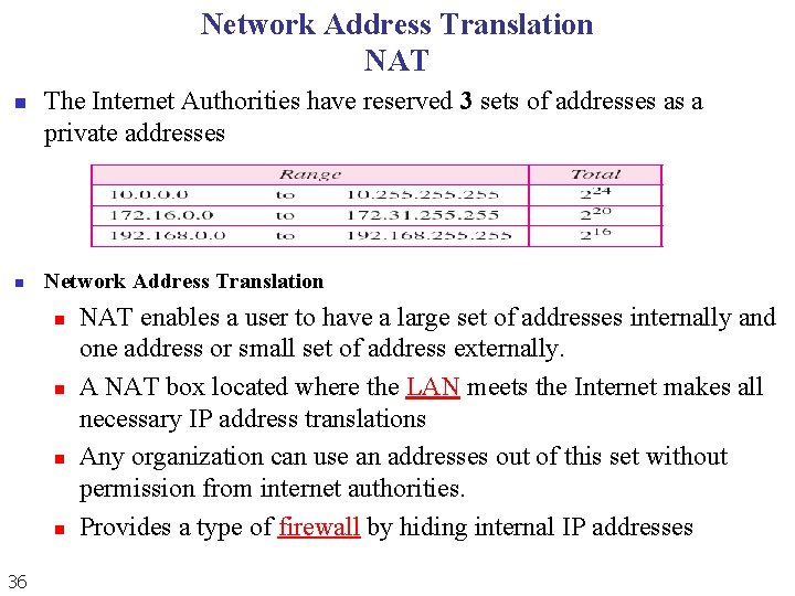 Network Address Translation NAT n n The Internet Authorities have reserved 3 sets of Network Address Translation NAT n n The Internet Authorities have reserved 3 sets of