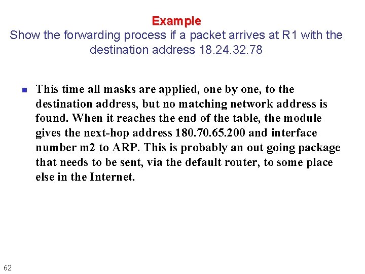 Example Show the forwarding process if a packet arrives at R 1 with the Example Show the forwarding process if a packet arrives at R 1 with the