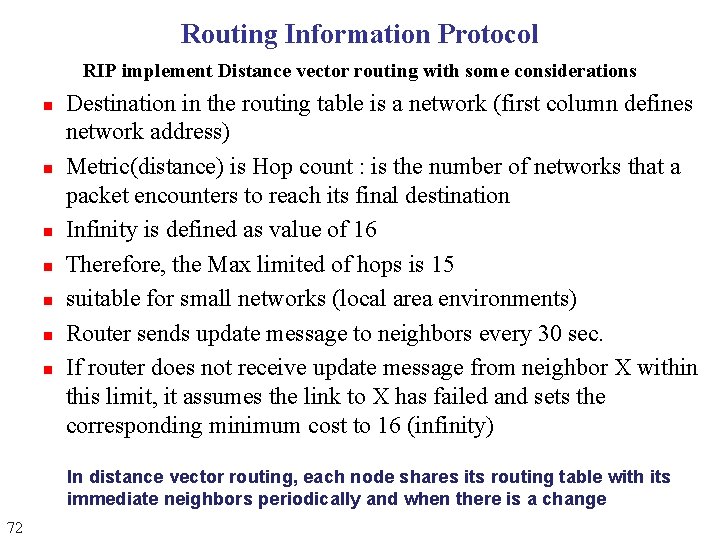 Routing Information Protocol RIP implement Distance vector routing with some considerations n n n Routing Information Protocol RIP implement Distance vector routing with some considerations n n n