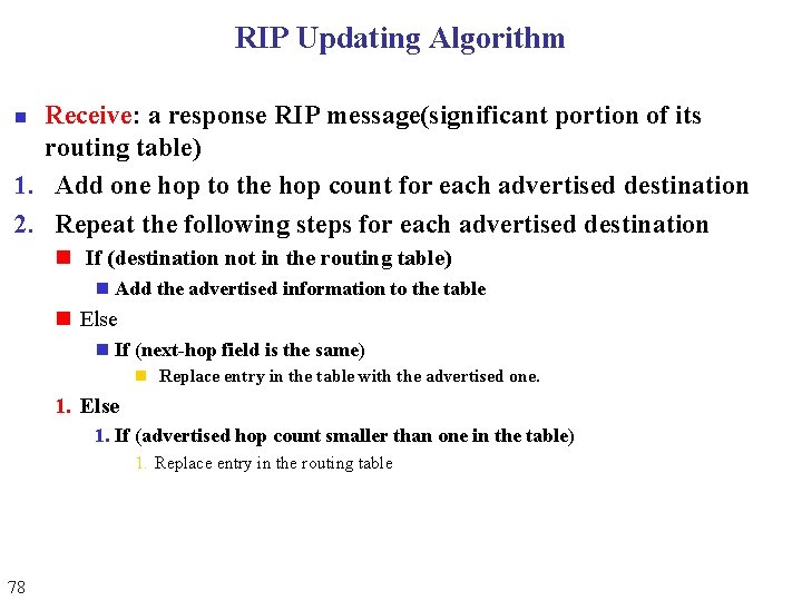 RIP Updating Algorithm Receive: a response RIP message(significant portion of its routing table) 1. RIP Updating Algorithm Receive: a response RIP message(significant portion of its routing table) 1.