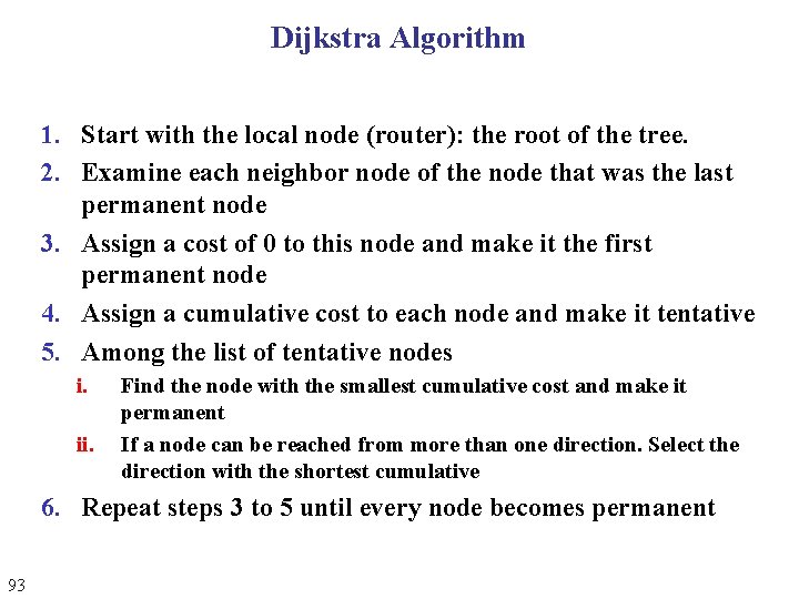 Dijkstra Algorithm 1. Start with the local node (router): the root of the tree. Dijkstra Algorithm 1. Start with the local node (router): the root of the tree.