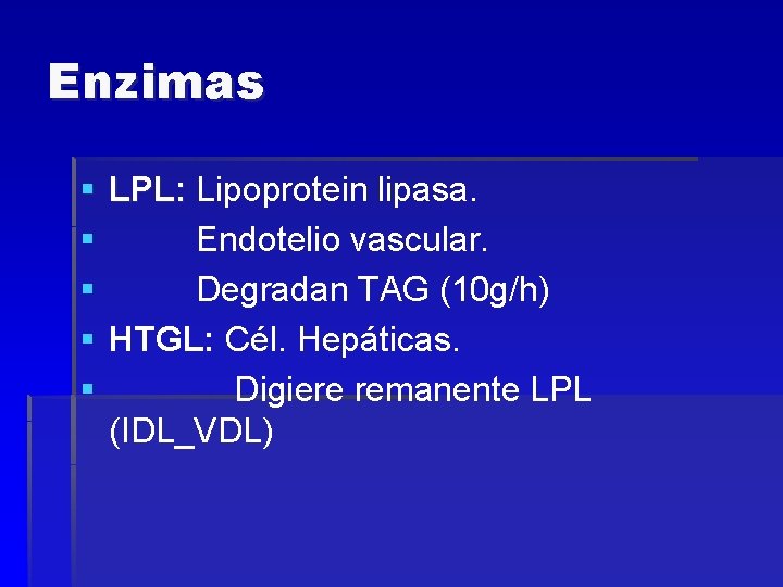 Enzimas § LPL: Lipoprotein lipasa. § Endotelio vascular. § Degradan TAG (10 g/h) §