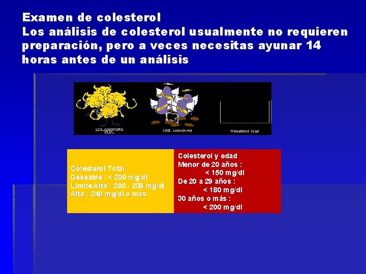 Examen de colesterol Los análisis de colesterol usualmente no requieren preparación, pero a veces