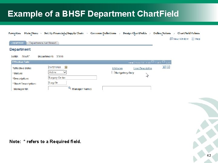 Example of a BHSF Department Chart. Field Note: * refers to a Required field.