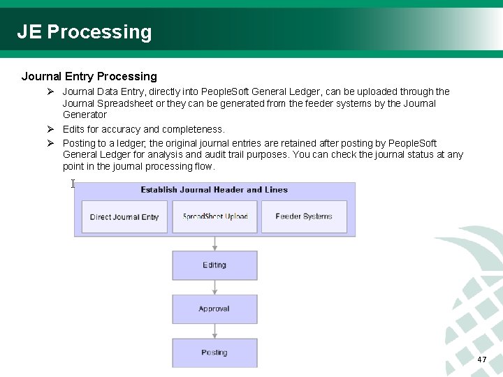 JE Processing Journal Entry Processing Ø Journal Data Entry, directly into People. Soft General