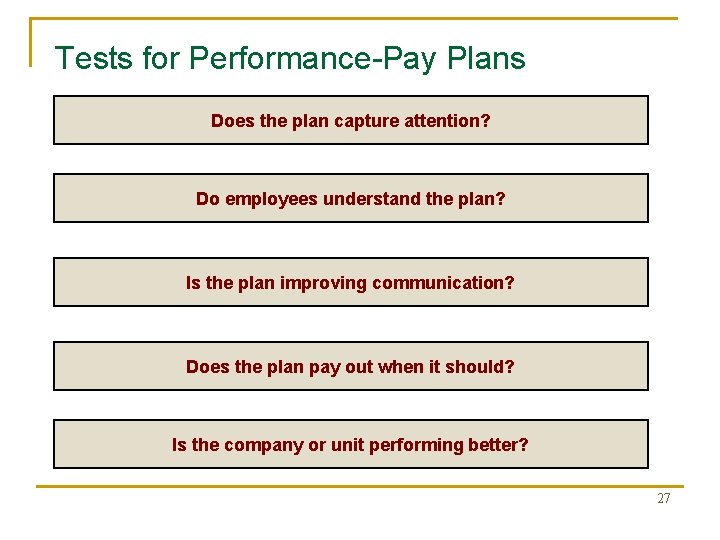 Tests for Performance-Pay Plans Does the plan capture attention? Do employees understand the plan?
