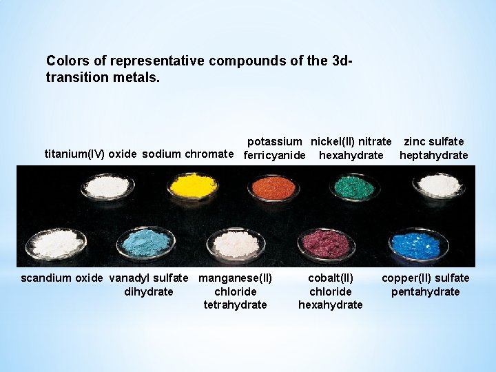 Colors of representative compounds of the 3 dtransition metals. potassium nickel(II) nitrate zinc sulfate