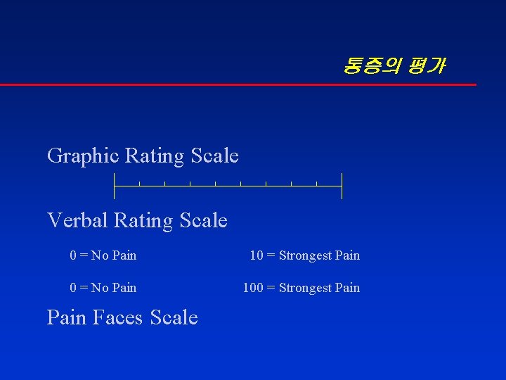 통증의 평가 Graphic Rating Scale Verbal Rating Scale 0 = No Pain 10 =