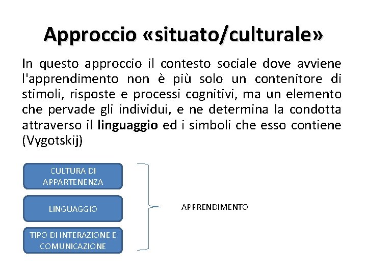 Approccio «situato/culturale» In questo approccio il contesto sociale dove avviene l'apprendimento non è più