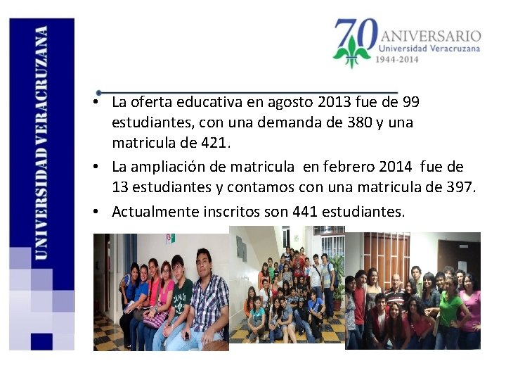  • La oferta educativa en agosto 2013 fue de 99 estudiantes, con una