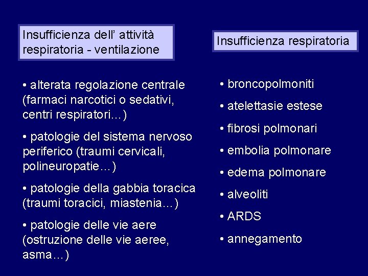 Insufficienza dell’ attività respiratoria - ventilazione • alterata regolazione centrale (farmaci narcotici o sedativi,