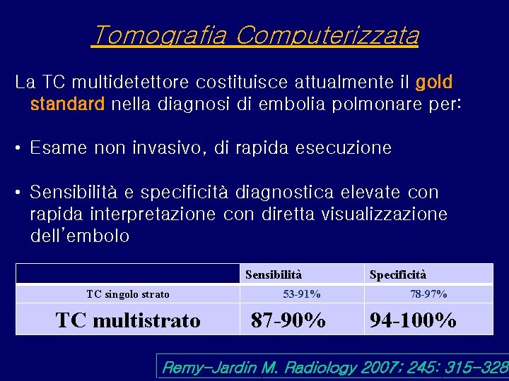 Tomografia Computerizzata La TC multidetettore costituisce attualmente il gold standard nella diagnosi di embolia