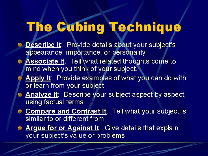 The Cubing Technique Describe It: Provide details about your subject’s appearance, importance, or personality