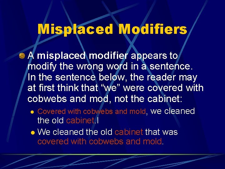 Misplaced Modifiers A misplaced modifier appears to modify the wrong word in a sentence.